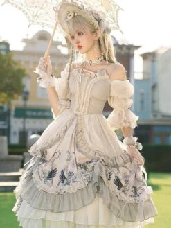 Sweet Lolita Wedding OP Dress Floral Print Light Gray Flowers Bows Hime Lolita One Piece Dresses