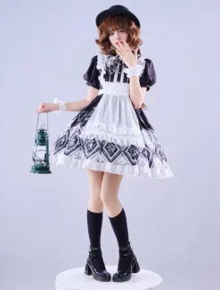 Lolitashow Exclusive Sweet Lolita Dress Alice Wonderland Chiffon Short Sleeves Floral Print Chiffon Dress -AYA Cosplay Shop ba59dce021be486ca07351f4651631ee
