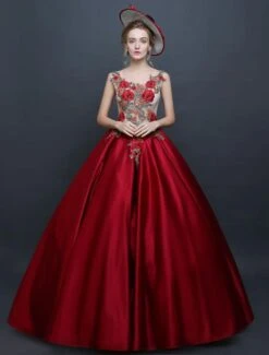 Prom Dress Victorian Dress Rococo Ball Gown Chic Satin Sleeveless Burgundy Princess Vintage Dress Halloween