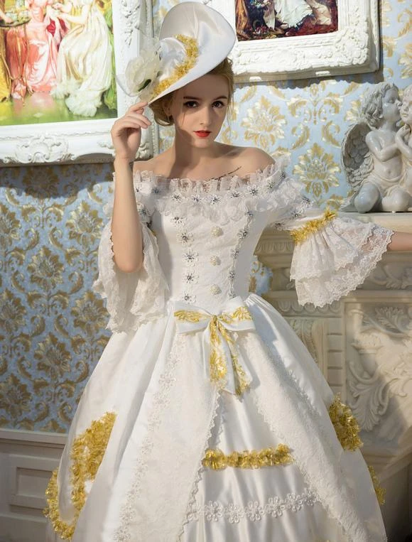 White Retro Costumes Flared Sleeve Off The Shoulder Victorian Vintage Maxi Dress Halloween 7 White Retro Costumes Flared Sleeve Off The Shoulder Victorian Vintage Maxi Dress Halloween - Image 5