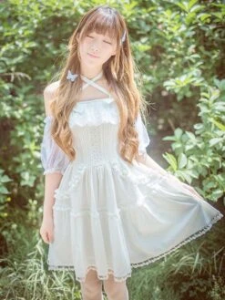 Lolitashow Sweet Lolita Dress Lace Ruffle Chiffon Lolita Jumper Skirt