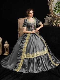 Victorian Dress Costumes Prom Dress Grey Retro Costumes Short Sleeves Square Neckline Lace Floral Marie Antoinette Rococo Dress -AYA Cosplay Shop c61f5ec169384305a2c155ba6b996f5f