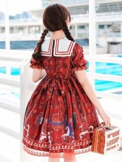 Sweet Lolita OP Dress Royal Trojan Bow Print Chiffon Burgundy Lolita One Piece Dress -AYA Cosplay Shop c6806549 c0c9 4947 8f72 01f2d63306ed