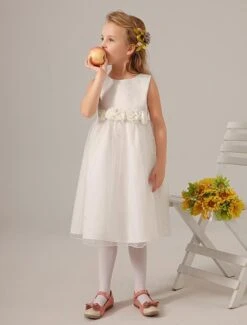 Ivory Jewel Neck Flower Tulle Cute Flower Girl Dress
