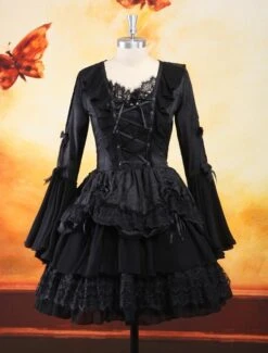 Gothic Black Lolita One Piece Dress Long Hime Sleeves Lace Up Layers Lace Trim -AYA Cosplay Shop c7c79e28 cbee 49a1 89bc 9e2d82068401