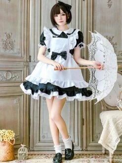 Maid Lolita Outfit Lace Ruffle Bow Lolita One Piece Dress With Apron