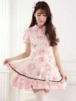 Classic Lolita One Piece Dress Lace Up Ruffles Pink Printed Lolita One Piece Dresses -AYA Cosplay Shop c9d272bc 5b8a 43c9 bbeb 2ec5bdf2aa06