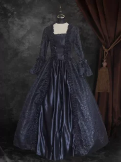 Black Gold Retro Costumes Women's Floral Print Marie Antoinette Costume Lace Up Satin Fabric Set Dress Choker Gothic 18th Century Costume