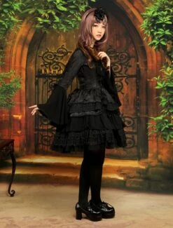 Gothic Black Lolita One Piece Dress Long Hime Sleeves Lace Up Layers Lace Trim -AYA Cosplay Shop ca4f1ac2 68f7 4e28 8091 8bf39772ad92