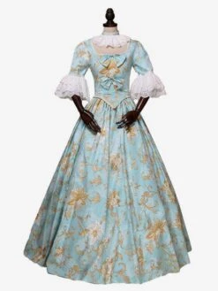Victorian Dress Costume Women's Light Sky Blue Rococo Retro Floral Print Marie Antoinette Victorian Era Style Vintage Clothing