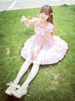 Lolitashow Classical Lolita Dress Layered Ruffles Lolita Dress Short Sleeves Lolita Op Dress With Bows -AYA Cosplay Shop cd012dd7 0513 46e3 aef2 3df26f3d47d4