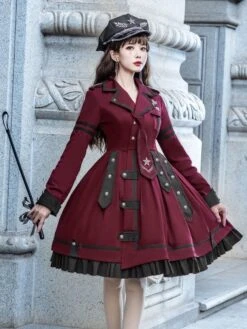 Military Style Lolita OP Dress Burgundy Long Sleeves Chains Ruffles Academic Lolita One Piece Dresses -AYA Cosplay Shop cd01dda3 70d1 4709 abb7 4a8c459effa5