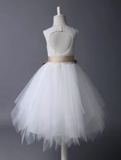 Flower Girl Dress Lace Ivory Tutu Dress Satin Ribbon Bow Sash Illusion Kids Party Dress Free Customization -AYA Cosplay Shop cdfe64a6 b889 4589 963b 4c2100834dc3