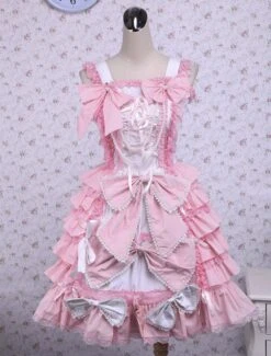 JSK Lolitashow Sweet Pink Cotton Loltia Jumper Dress Bows Layers Ruffles