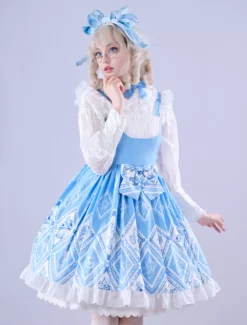 JSK Lolitashow Exclusive Sweet Lolita Dress Alice Wonderland Chiffon Sleeveless Summer Tea Party Floral Print Dress
