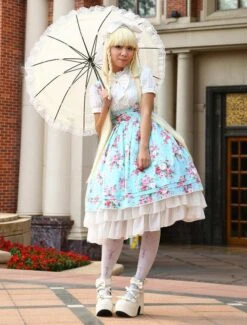 Lolitashow Light Blue Cotton Lolita One-piece Dress Flower Print Short Sleeves Chiffon Ruffles