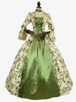 Victorian Dress Costume Prom Dress Green Retro Costumes Long Sleeves Square Neckline Ball Gown Floral Print Rococo Dress With Choker