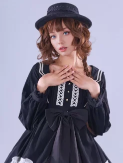 Lolitashow Exclusive Gothic Lolita Dresses Lace Ruffles Long Sleeves Black Polyester Daily Casual Dress -AYA Cosplay Shop d4be947aa30344e1948e2597289f1a0f