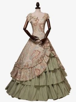 Women Retro Costumes Prom Dress Print Dress Bow Ruffle Short Sleeves Round Neckline Gown Victorian Era Clothing Costume -AYA Cosplay Shop d4bfbc0b 68a9 41c1 83ba 14d9dbd88f14