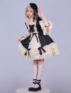 Lolitashow Exclusive Black Gothic Lolita Dress Chiffon Bow Ruffles Color Block Long Sleeve Tea Party Dress -AYA Cosplay Shop d5fc040e44a744fe9c8be565e043f9fd