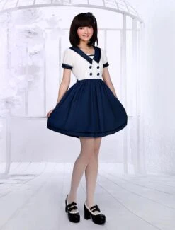 Lolitashow White Navy Blue Lolita One-piece Dress Sailor Style Short Sleevs -AYA Cosplay Shop d8395573 fcfa 471d 8fc5 c4674b4d3151
