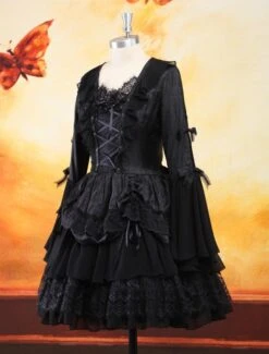 Gothic Black Lolita One Piece Dress Long Hime Sleeves Lace Up Layers Lace Trim -AYA Cosplay Shop d922de6c 3ac0 4738 b766 a194374f4267