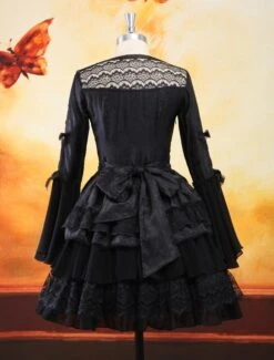 Gothic Black Lolita One Piece Dress Long Hime Sleeves Lace Up Layers Lace Trim -AYA Cosplay Shop da01d555 c28c 4ceb b20e 083c49346a4f