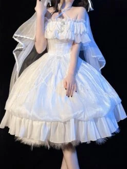 Sweet Lolita Dress White Polyester Short Sleeves Lace Up Ruffles Lace Bows Tea Party Lolita Dress -AYA Cosplay Shop dc1be720 bd54 4244 ba75 9791e7b8f595