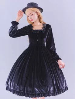 Lolitashow Exclusive Gothic Lolita Dresses Ruffles Lace Black Long Sleeve Velour Daily Casual Dress -AYA Cosplay Shop df3e6e89da73449b84db828d99dff247