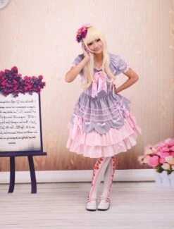 Lolitashow Sweet Purple Pink Lolita OP Dress Short Sleeves Layers Bows And Trim -AYA Cosplay Shop e1d79d33 5b24 4881 ab46 b4e42dc9d249