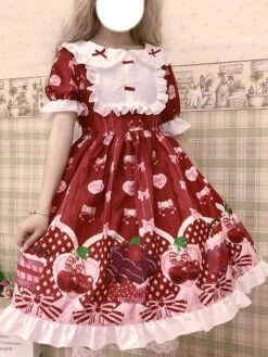 Sweet Lolita OP Dress Printed Red Bows Ruffles Lolita One Piece Dresses