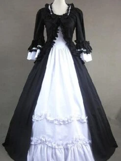 Lolitashow Gothic Black And White Poplin Long Sleeves Lolita One-Piece Dress