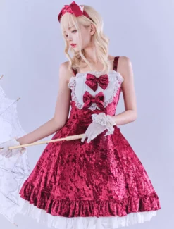 JSK Lolitashow Exclusive Sweet Lolita Dress Velour Sleeveless Jumper Lace Bows Ruffles Daily Casual Dress -AYA Cosplay Shop e2d6baf1347a4b81b7303d9d0638e86b