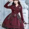 Military Style Lolita OP Dress Burgundy Long Sleeves Chains Ruffles Academic Lolita One Piece Dresses -AYA Cosplay Shop e32461eb 2d33 43a7 a23d 594c4cf74a66