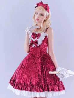 JSK Lolitashow Exclusive Sweet Lolita Dress Velour Sleeveless Jumper Lace Bows Ruffles Daily Casual Dress -AYA Cosplay Shop e57a490deff341e987a0fbdea0e95015