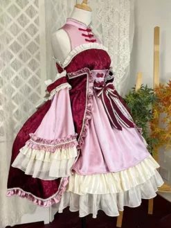 Lolitashow Exclusive Chinese Style Lolita Dress Bows Sleeveless Chiffon Floral Print Burgundy Tea Party Dress -AYA Cosplay Shop e7960b27ee494a4b865976a8a5a02202