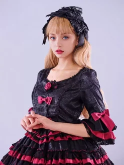 Lolitashow Exclusive Gothic Lolita Dresses Lace Flowers Jacquard Black Tea Party Half-Sleeve Dress -AYA Cosplay Shop eb91ce89dfb94f2faea00248073f7419