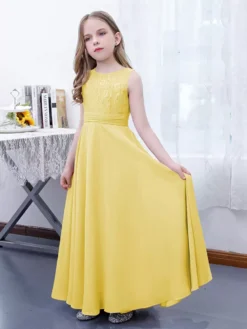 Pink Flower Girl Dress Chiffon Lace Jewel Neck Sleeveless Lotus Kids Birthday Party Dresses -AYA Cosplay Shop ebd6cec183bc49ceb79fa411aa441ab9