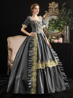 Victorian Dress Costumes Prom Dress Grey Retro Costumes Short Sleeves Square Neckline Lace Floral Marie Antoinette Rococo Dress -AYA Cosplay Shop ed8fbe54b6b04a8c839ebb6c57890256