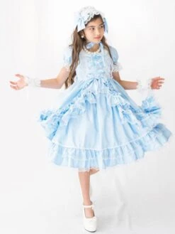 Rococo Lolita OP Dress Lace Trim Bow Ruffle Light Sky Blue Children Lolita One Piece Dress