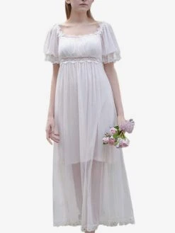 White Retro Empire Waist Dress Bridgerton Costumes Polyester Marie Antoinette Costume Dress Women Vintage Shift Masquerade Ball Gown