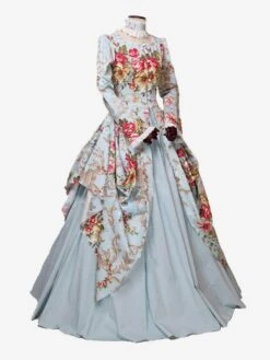 Victorian Dress Prom Dress Satin Light Sky Blue Floral Print Marie Antoinette Ball Gown Trumpet Long Sleeves Rococo Dress With Choker