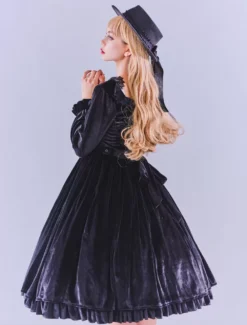 Lolitashow Exclusive Gothic Lolita Dresses Ruffles Lace Black Long Sleeve Velour Daily Casual Dress -AYA Cosplay Shop f94cc21d7a30401e81ea5708032fd0f8