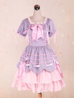 Lolitashow Sweet Purple Pink Lolita OP Dress Short Sleeves Layers Bows And Trim -AYA Cosplay Shop fac66fbc 67cb 4a5d ae39 90941046ce33