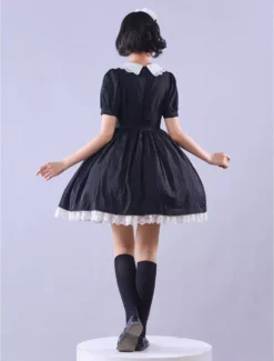 Lolitashow Exclusive Gothic Lolita Dresses Bows Ruffles Short Sleeves Cotton Black Tea Party Dress -AYA Cosplay Shop fb8120debdac4e30b1e55a786ce51202
