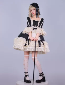 Lolitashow Exclusive Black Gothic Lolita Dress Chiffon Bow Ruffles Color Block Long Sleeve Tea Party Dress -AYA Cosplay Shop fb8c60447c8d4a49b5e9752e22a900fa