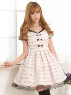 Lolitashow Light Pink White Lolita OP Dress Short Sleeves Lace Trim Bows -AYA Cosplay Shop fbb5d43f 6dc3 4554 9ccc 23e91ca72fa9