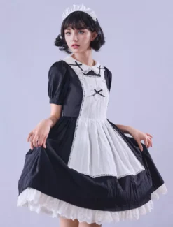 Lolitashow Exclusive Gothic Lolita Dresses Bows Ruffles Short Sleeves Cotton Black Tea Party Dress -AYA Cosplay Shop fed44d68b7a14ec0b619acca5caee179